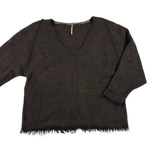 Free People Wool Blend Slubby Fringe V-Neck Sweater Gray-Brown-Black Size S